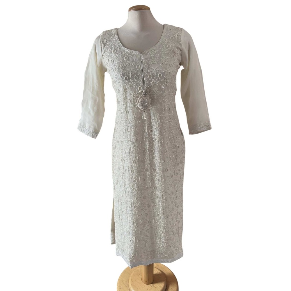 Ivory Chikankari Embroidered Kurta Tunic with Sequin Accents and Pearl Tassels - Picture 1 of 8